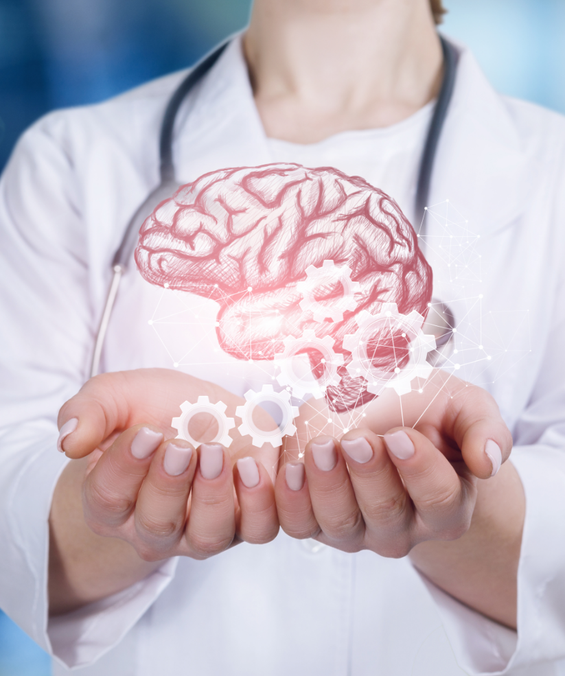 healthcare agent holding brain with cogwheels